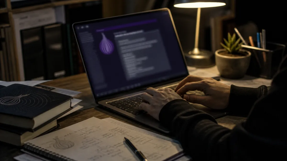 A person using a laptop to access onion services in a secure environment