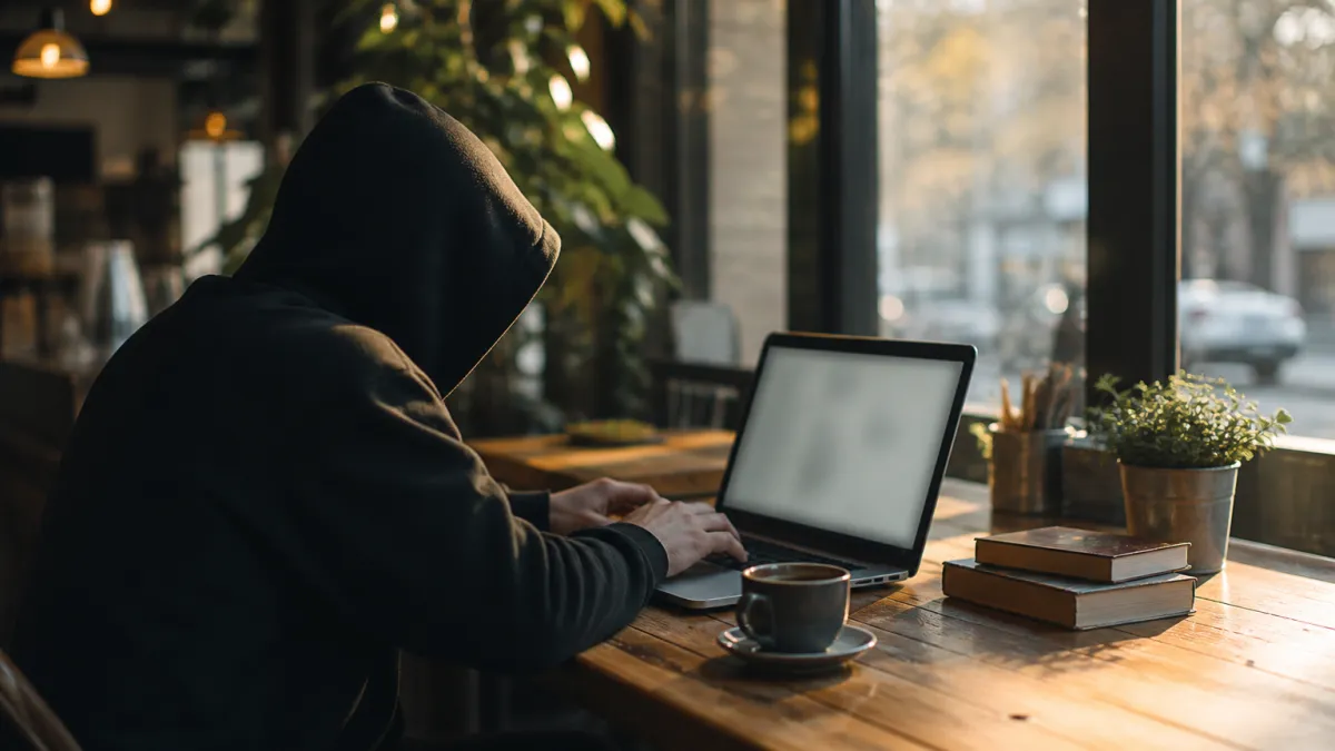 A person typing on a laptop in a cafe, focusing on online privacy.