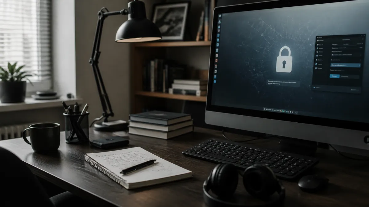 A home office with a computer and security tools related to Tor network safety.