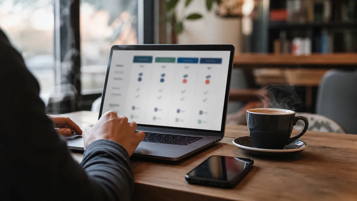 A person reviewing VPN services on a laptop in a cozy cafe.